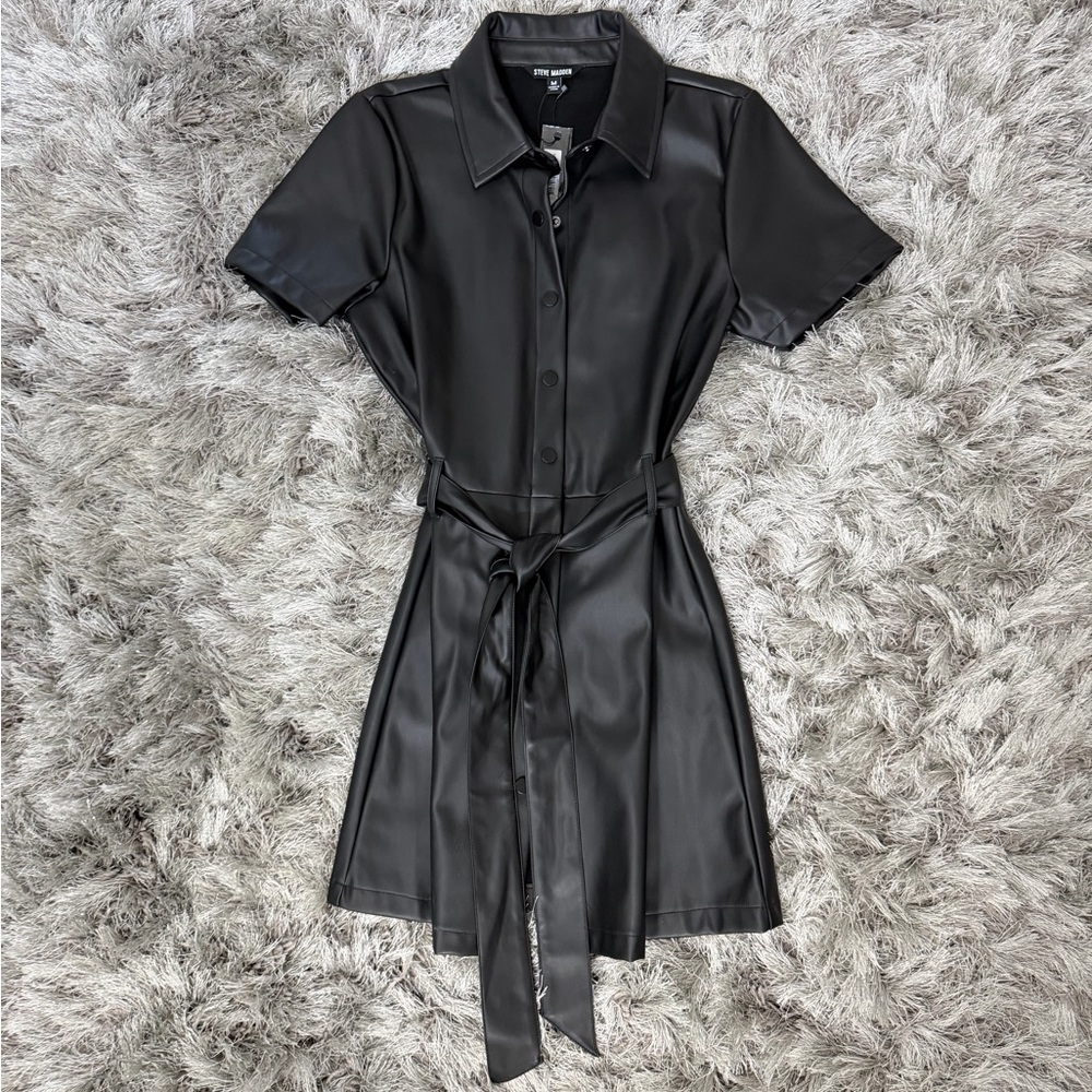 Steve Madden Black Faux Leather Jolene Dress with Tie Belt